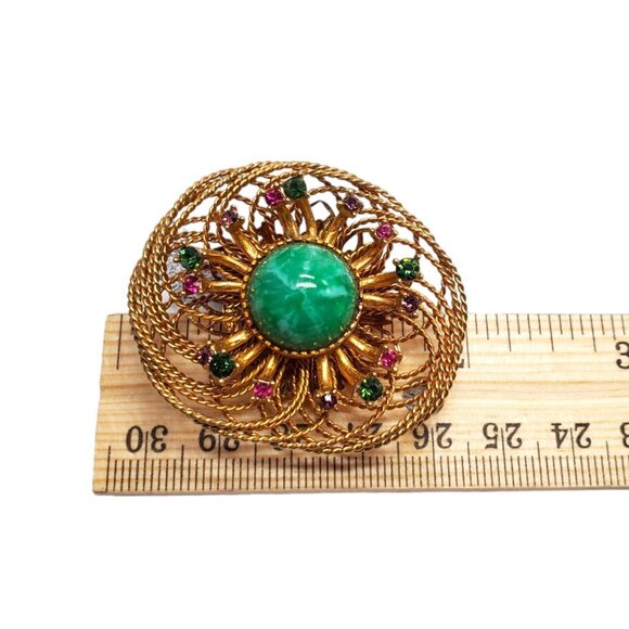 Vtg Green Peking Glass Cabochon Brooch Pink Rhinestone Intricate Wire Gold Tone - Picture 8 of 8